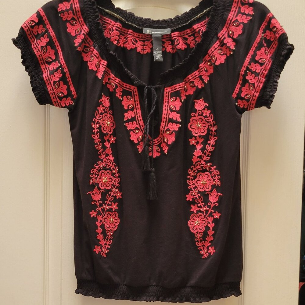 INC Embroidered Front Tie Top SZ M Bohemian Style